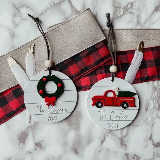 3D Personalized Family Name Truck & Wreath Shiplap Ornament
